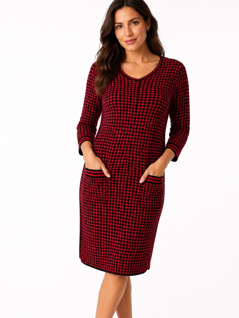 Red and Black Houndstooth V-Neck Sweater Dress With Pockets